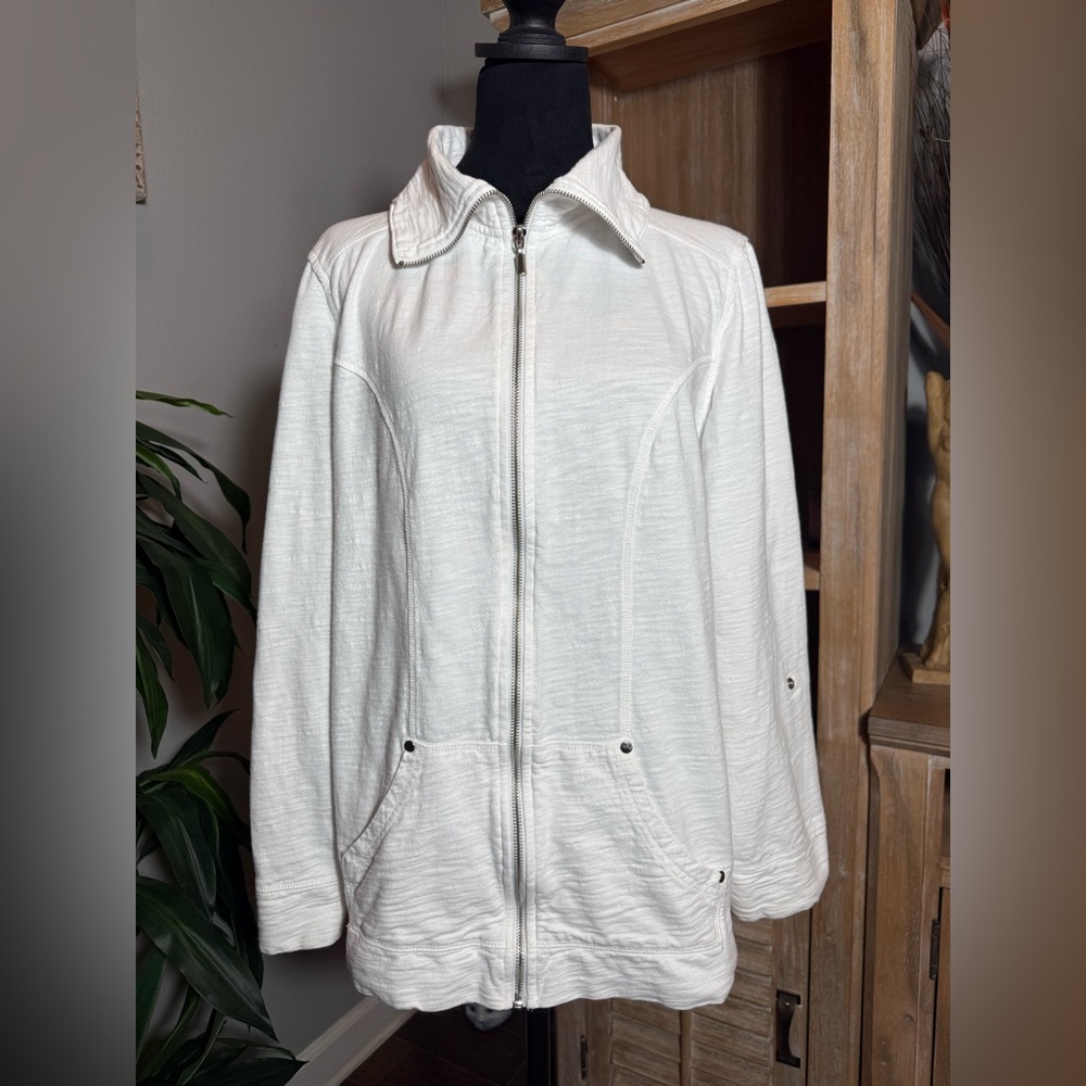 Lizwear, White Textured Zip-Up Jacket Silver Stud Detail, Size XXL